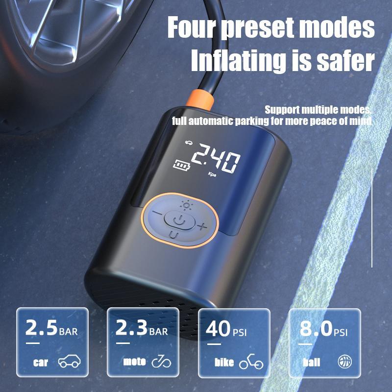 Digital air pump showing four preset modes for cars, motorcycles, bikes, and balls.
