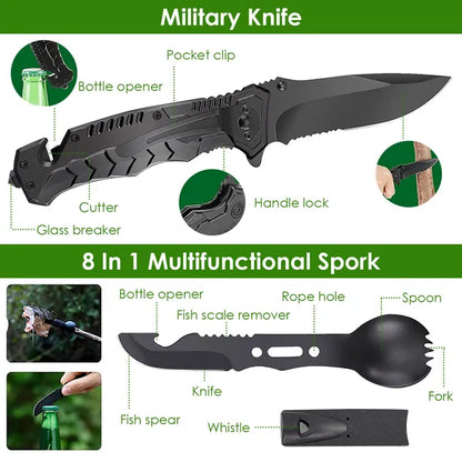 Military-grade folding knife and 8-in-1 multifunctional spork tool.